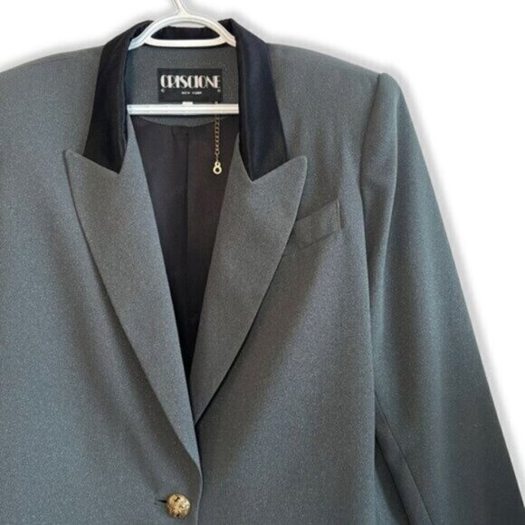 Vintage 80s Glitter Blazer – Criscione NY Green Sparkle Jacket, Satin Collar - Picture 2 of 6